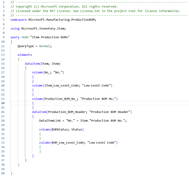 Code snippet showing a query script for retrieving item production bills of materials (BOMs) in a Microsoft manufacturing context. It includes namespace declarations, data elements, and column definitions.