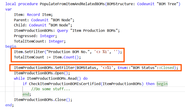 Code snippet displaying a procedure in a programming language for populating production BOMs with filters for production numbers and statuses.