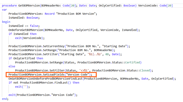 Code snippet showing a procedure in a programming language, focusing on fetching Production BOM Version details with specific conditions.