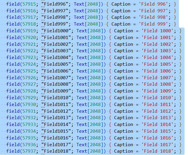 A screenshot displaying code snippets that list fields with captions numbered from 996 to 1018.