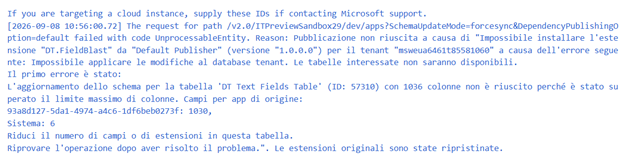 Error log indicating an issue with a database schema update for a table named 'OT Text Fields Table', highlighting a column limit exceeded and recommending a reduction in fields or extensions.