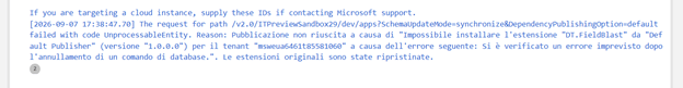 Error message related to Microsoft support, indicating a request failure with code 'unresponsiveAbilityInt'. It describes issues with publishing an extension due to a database command error.